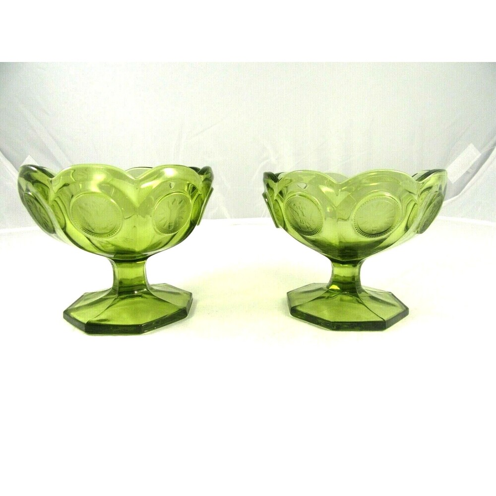 Fostoria olive green coin dot glass pedestal dish bowl set of 2 vintage MCM